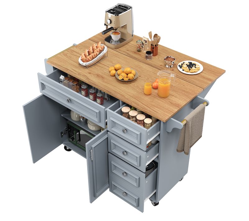 Îlot Cuisine Pliable Avec Rangements Et Roulettes, Mdf Et Métal, Bleu