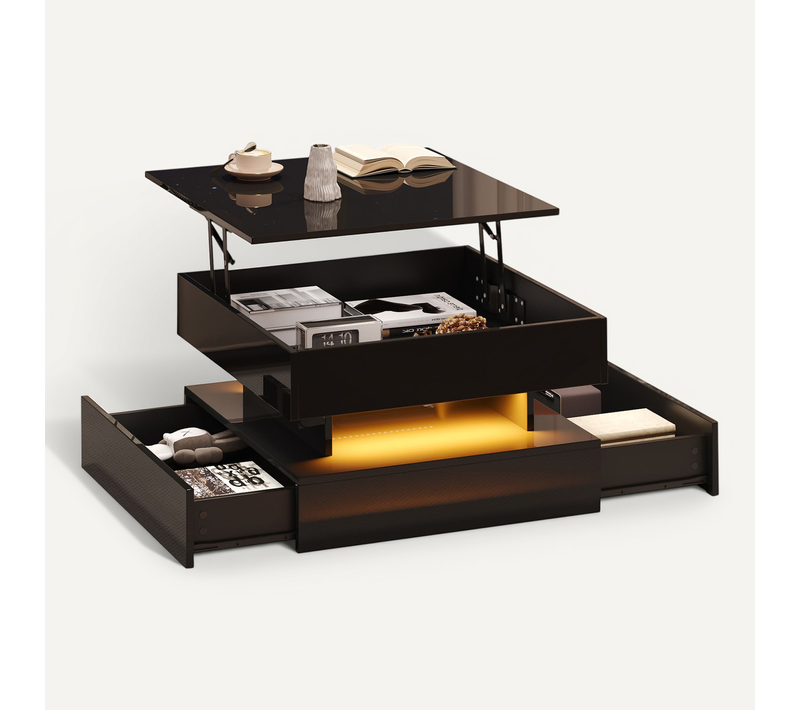 Table Basse Carrée, Plateau Relevable, LED Intégré, 2 Tiroirs, 65×65×38,5 Cm, Noir