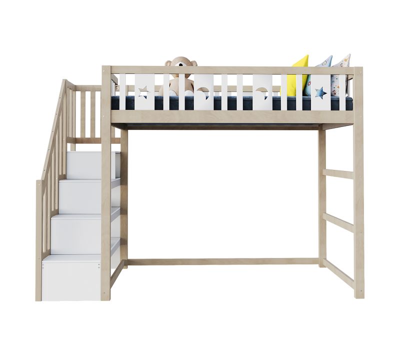Lit Mezzanine 90x200 Cm - Lit Enfant Avec Escalier - Sécurité - Déco Lune Et Étoiles - Naturel