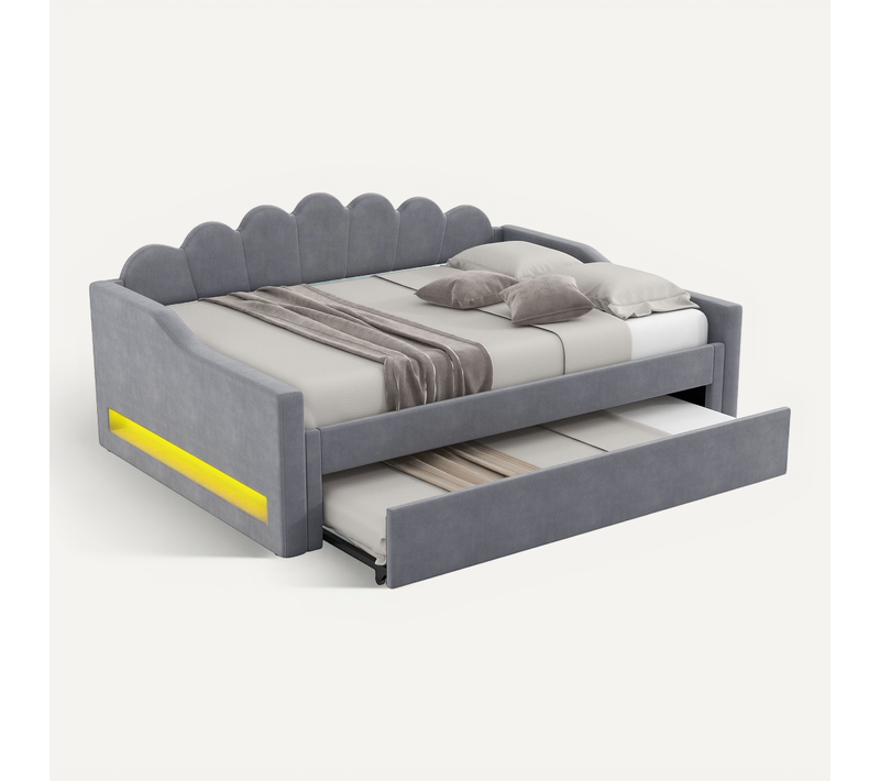 Lit Gigogne 140x200 Cm - Lit Simple Extensible Avec LED 7 S - Structure Stable - Lin - Gris