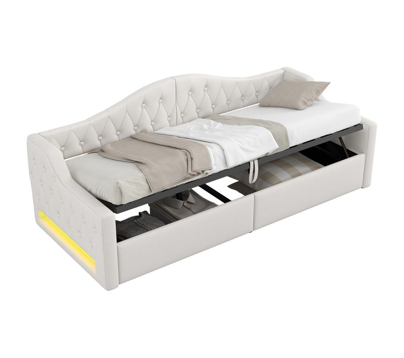 Lit Gigogne 90x200 Cm - Lit Déco Avec LED 7 S Réglables - Structure Stable - Beige