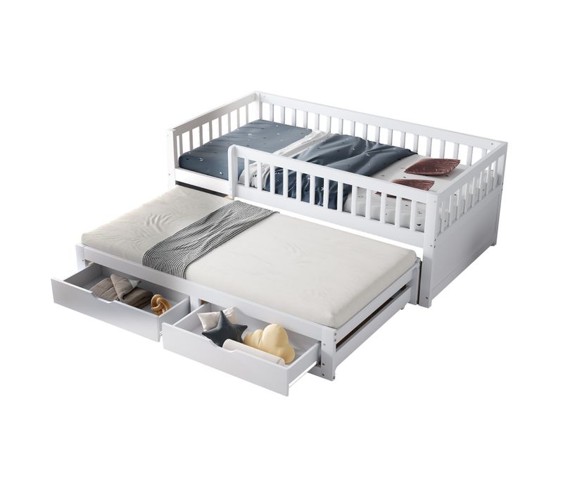 Lit Gigogne 90x200 Cm - Lit Simple Enfant Avec 2 Tiroirs Et Barrière - Design Moderne - Blanc