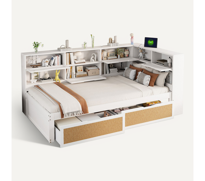 Lit Avec Rangement 90x200 Cm - Lit Enfant Avec Tiroirs Et Niches Intégrés - Contemporain - Blanc