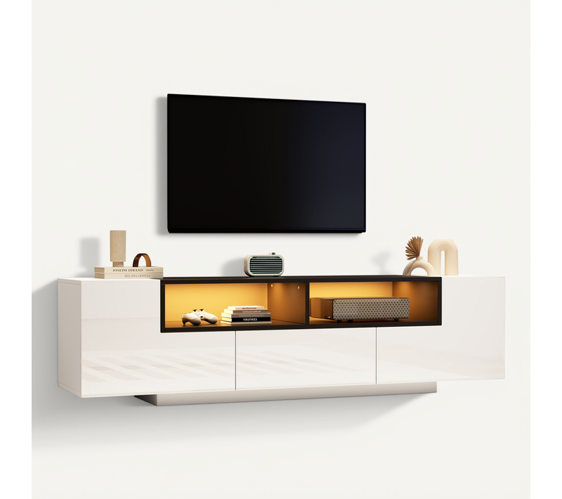 Meuble TV Avec LED, 2 Armoires Et 1 Tiroir, Rangement Pour TV 75 Pouces, Panneau De Particules