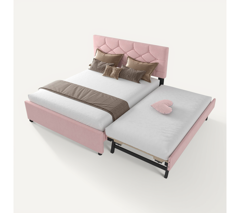 Lit Gigogne 140x200 Cm - Lit Banquette Double Avec Lit Gigogne à Tirer - Velours - Rose