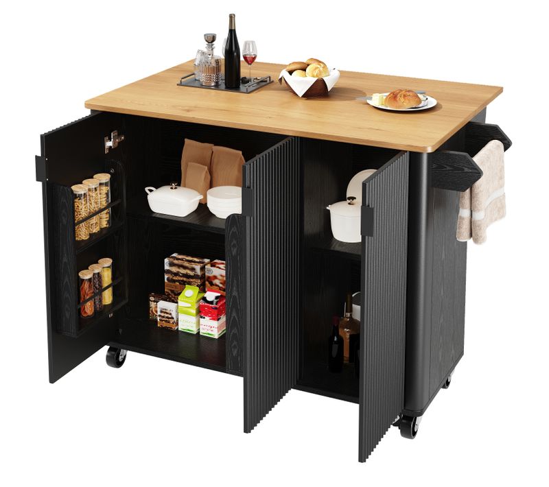 Desserte Cuisine Sur Roulettes, Îlot Avec Plan De Travail Et Rangement, Meuble Extensible Mdf, Noir