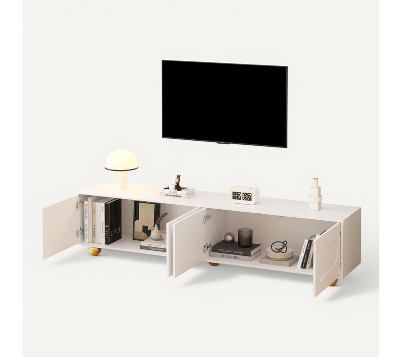 Meuble TV Avec 2 Armoires Et Pieds Métalliques Solides, Compatible TV 75 Pouces, Blanc