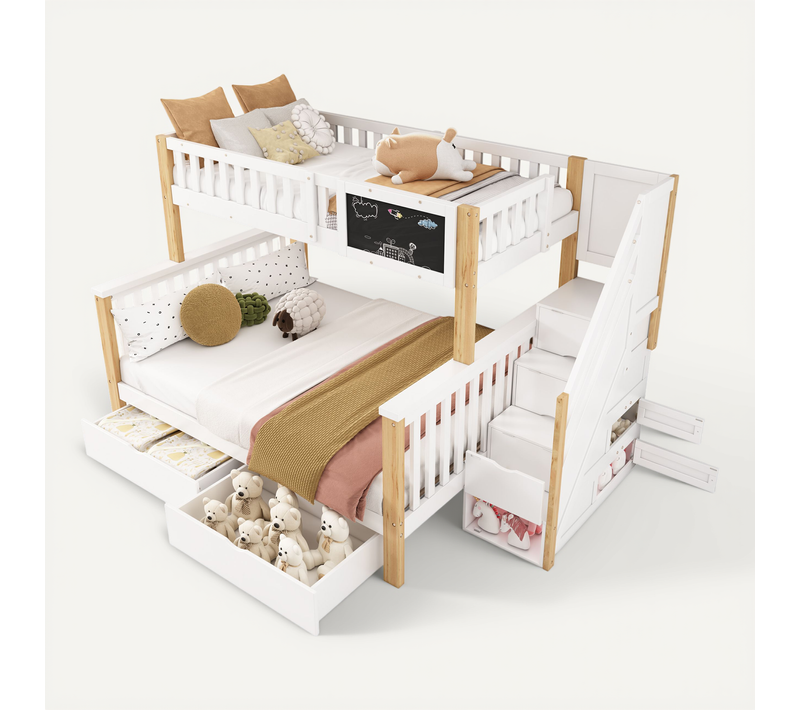 Lit Superposé 90x200 Cm Et 140x200 Cm, 3 Couchages, , Ardoise, Tiroirs, Rangements,moderen,balnc