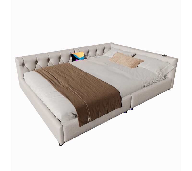 Lit Banquette 140x200 Cm - Double En Lin, Tête Capitonnée, LED Et USB-c - Beige