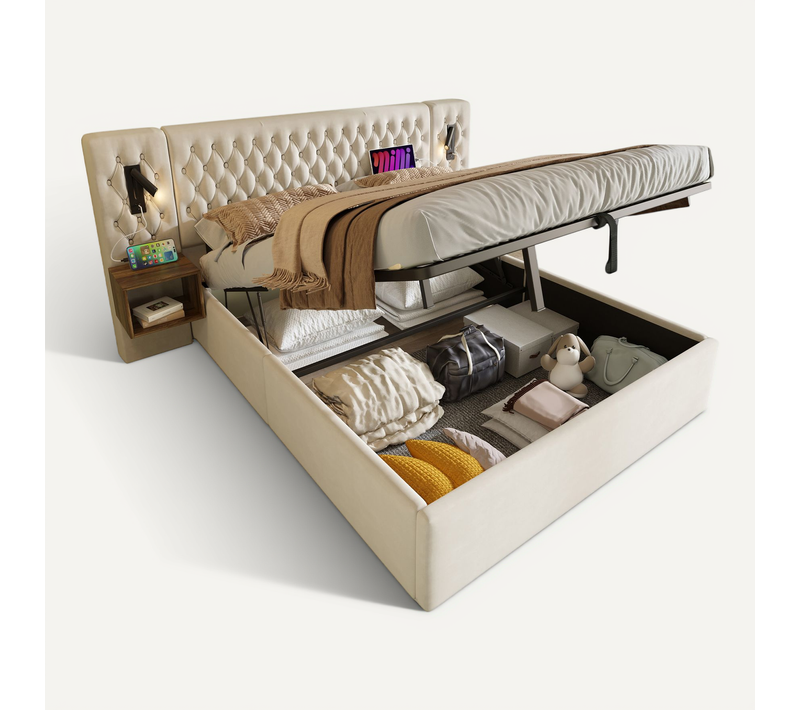 Lit Coffre 180 X 200 Cm - Lit Double Avec 2 Tables De Chevet Et Lampe De Lecture - Velours - Beige