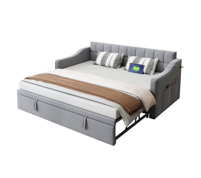 Lit Gigogne 90/180x190 Cm - Simple, Tiroir, Poche, USB, Velours - Gris Clair