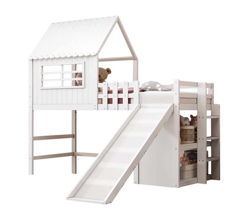 Lit Mezzanine 90x200 Cm - Enfant - Rangement - Échelle Et Toboggan Sécurisé - Bois Massif - Blanc
