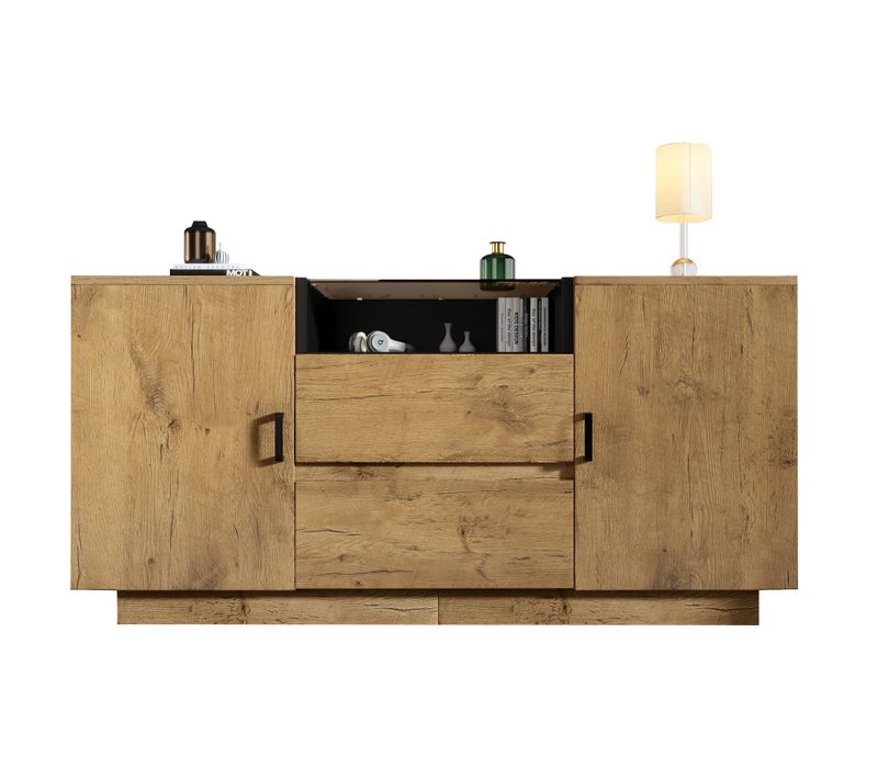 Buffet Bas 2 Tiroirs 2 Portes Réglables Espace Ouvert Verre Esg Chêne Clair