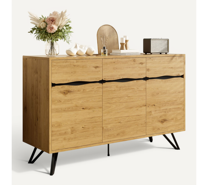 Buffet 3 Portes - Rangement Spacieux - Salon/salle à Manger - Pieds Stables - Moderne - Naturel