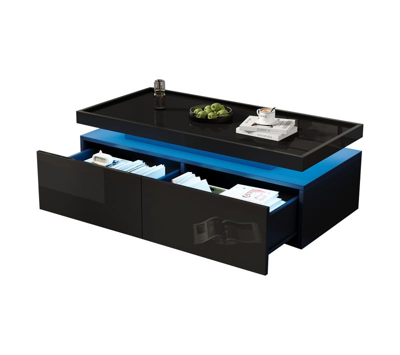 Table Basse Noir, Canapé, 2 Tiroirs, Éclairage LED Mobile, Capacité 50kg, Style Moderne