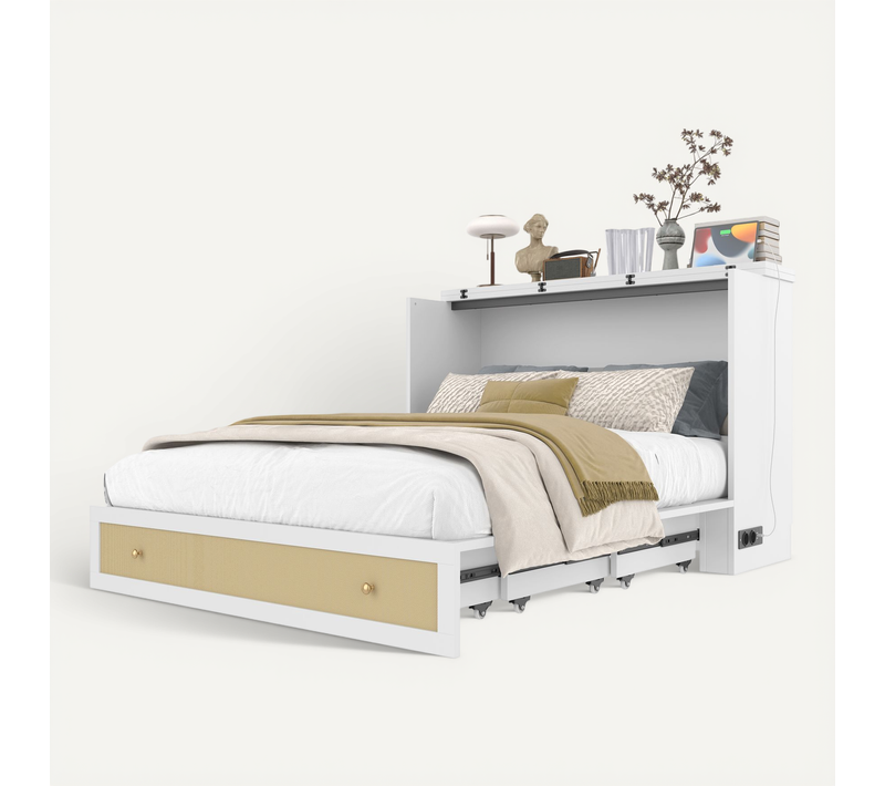 Lit Escamotable 140x200 Cm - Double Avec Bureau Modulable, 2 Tiroirs Et USB - Blanc