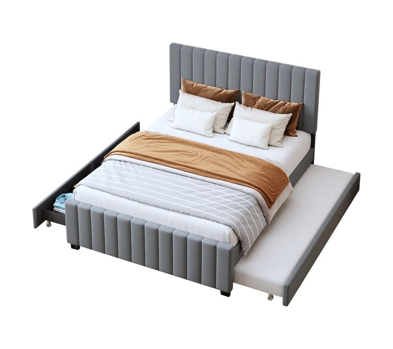 Lit Gigogne 140x190 Cm - Lit Double Avec Sommier Coulissant Et Tiroirs De Rangement - Velours Gris