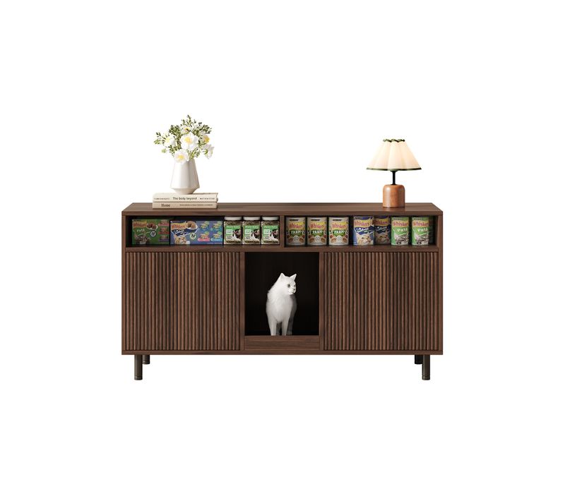 Armoire Litière Chat, Étagères Et Rangement Multifonction, Design Pratique, Mdf Noyer