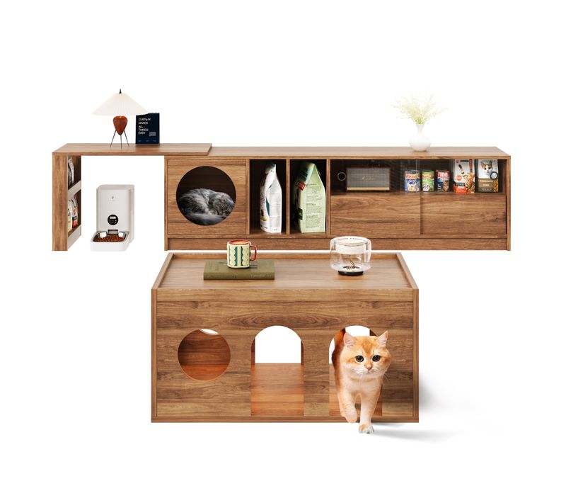 Ensemble Salon 2 Pièces, Meuble TV Rotatif Et Table Basse Assortie, Panier Pour Chat Intégré, Noyer