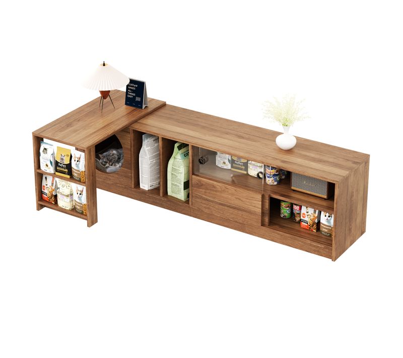 Meuble TV Avec Espace Pour Chat Et Rangement Rotatif, Mdf Et Verre Trempé, Bois Noyer