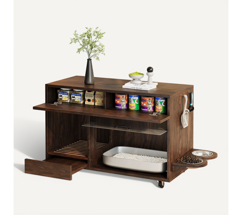 Meuble Litière Chat, Armoire Fermée Pratique, Plateau Amovible Et Roulettes, Anti-odeur, Mdf Noyer