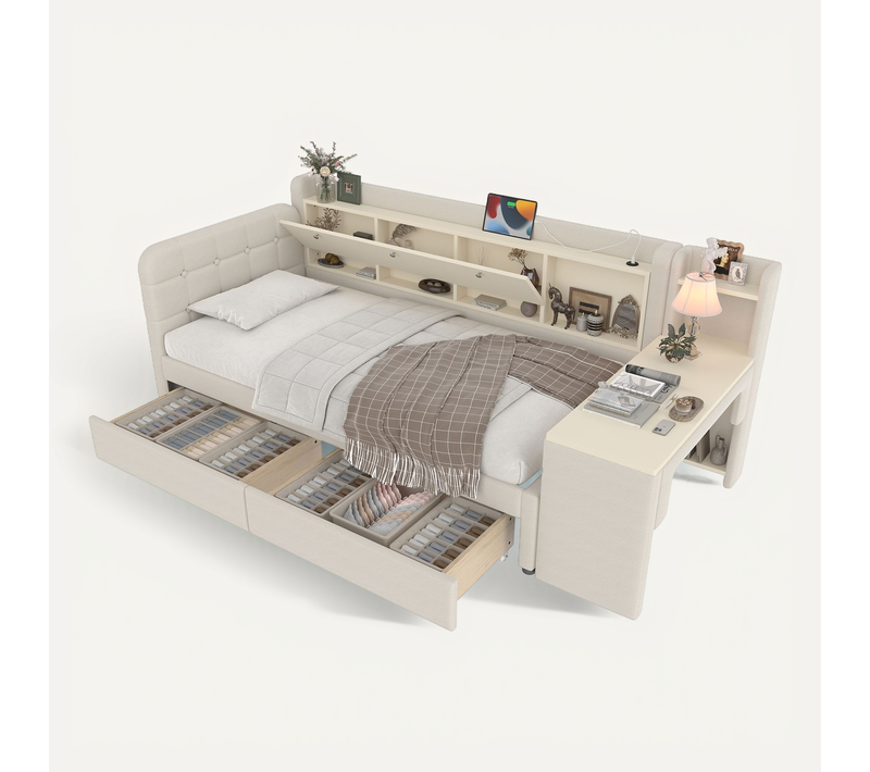 Lit Banquette 90x200 Cm - Rangement, 2 Tiroirs, Table, USB - Structure Stable - Lin Beige