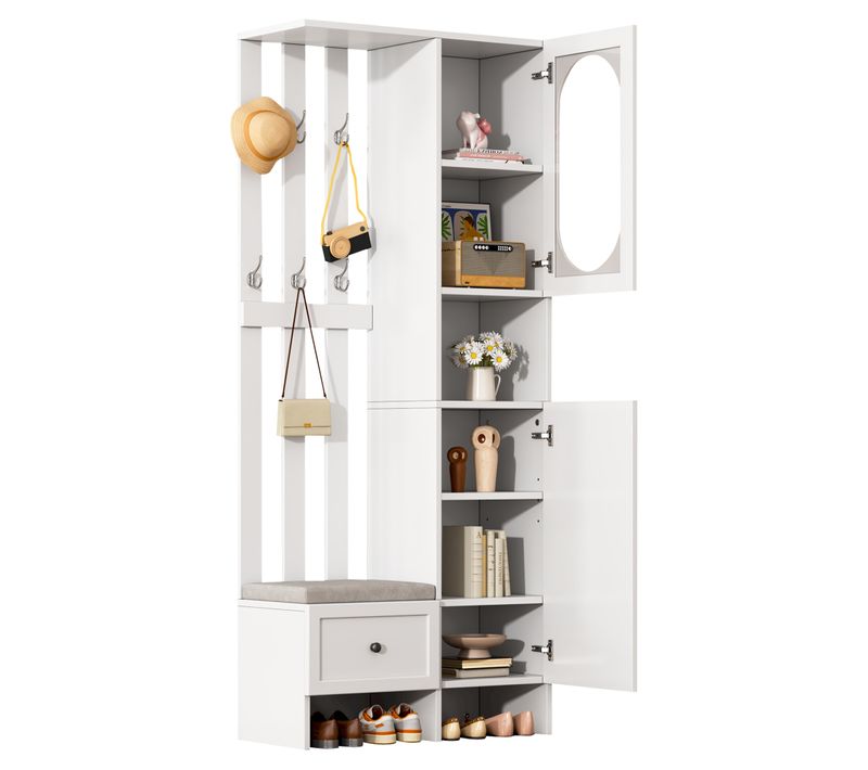 Meuble D'entrée Vestiaire Avec 2 Armoires, 1 Tiroir, Banc Et Étagères, Blanc Et Verre Trempé