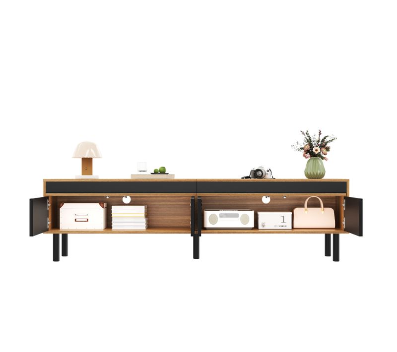 Meuble TV Avec 4 Portes Pour Salon - Entretien Facile  - Style Pratique - Noir Et Naturel