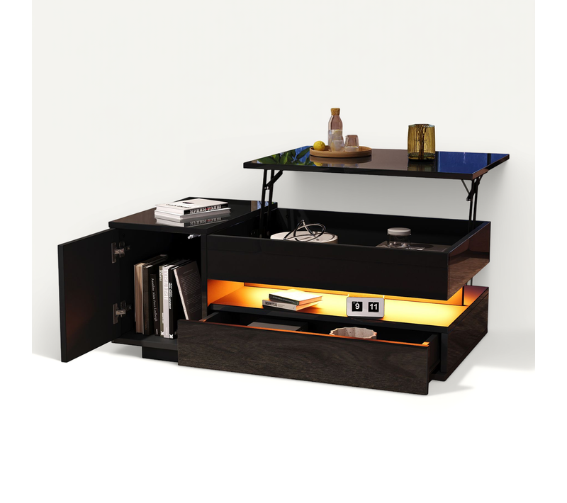 Table Basse Noir, Rangement, 1 Tiroir, Plateau Élèveable, LED Intégrée, Design Moderne