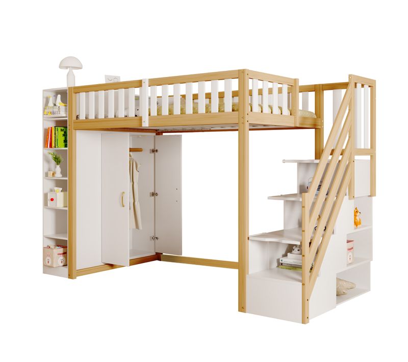 Lit Mezzanine Enfant 90 X 200 Cm, Lit Simple Avec Escalier De Rangement Et Armoire, Blanc Et Naturel