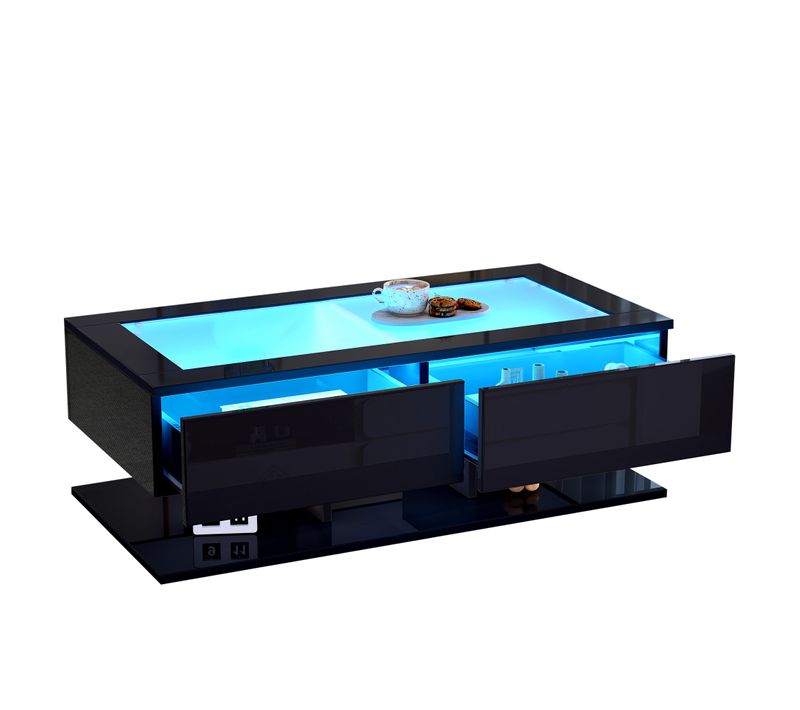 Table Basse Rectangulaire, Rangement Et LED Intégrée, Design Moderne, 100×50×35 Cm, Noir