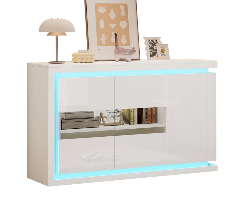Buffet Bahut Design Avec LED, Portes Vitrées, Étagères Réglables, Mdf Et Verre, Blanc