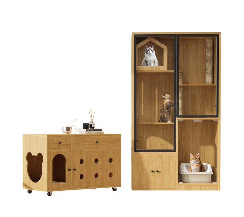 Maison Pour Chat,bac à Litière Intégré Et Espace Multi-chats,bois D'érable, Maison En Verre,naturel
