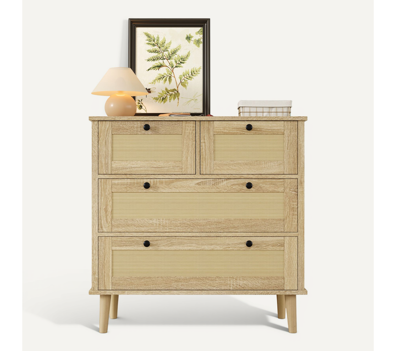 Commode 4 Tiroirs, Rangement Rotin, Design Moderne, Pieds Stables, Naturel