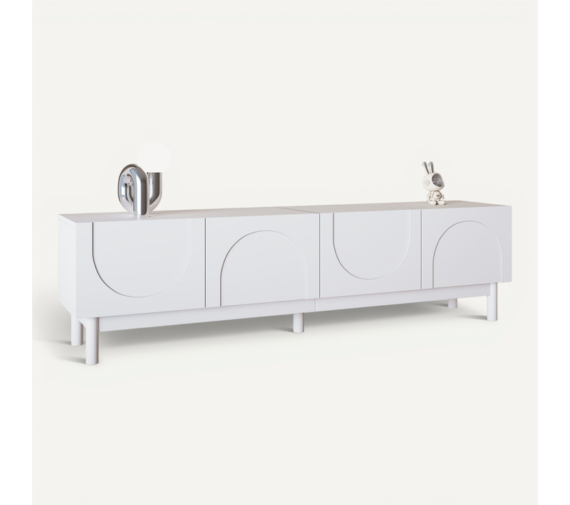 Meuble TV Bas, Style Moderne, 4 Portes, Rangements, Structure Stable,Pratique,Blanc
