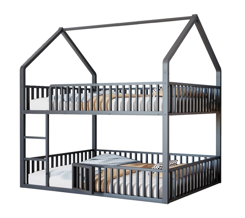 Lit Superposé 140x200 Cm - Lit Enfant Métal Robuste Avec Escalier - Barrières Sécurité - Noir