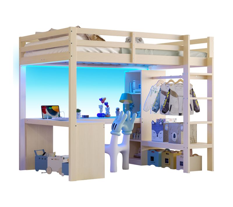 Lit Mezzanine 140x200 Cm - Lit Double Ado - Bureau - LED - Rangements - USB - Pin Et Mdf - Naturel