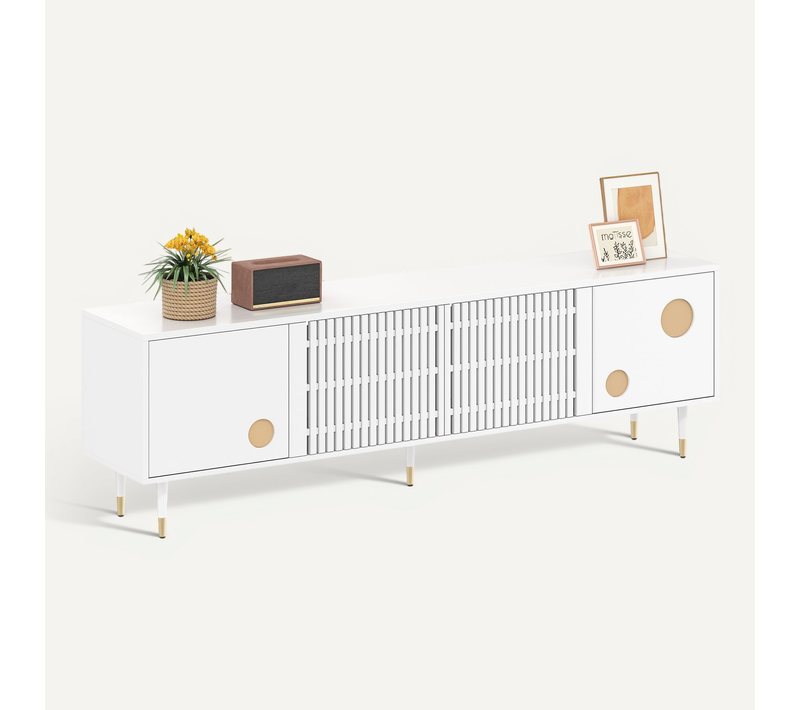 Meuble TV Contemporain - 2 Portes - Rangements Fermés - Finition Dorée - Mdf - Blanc