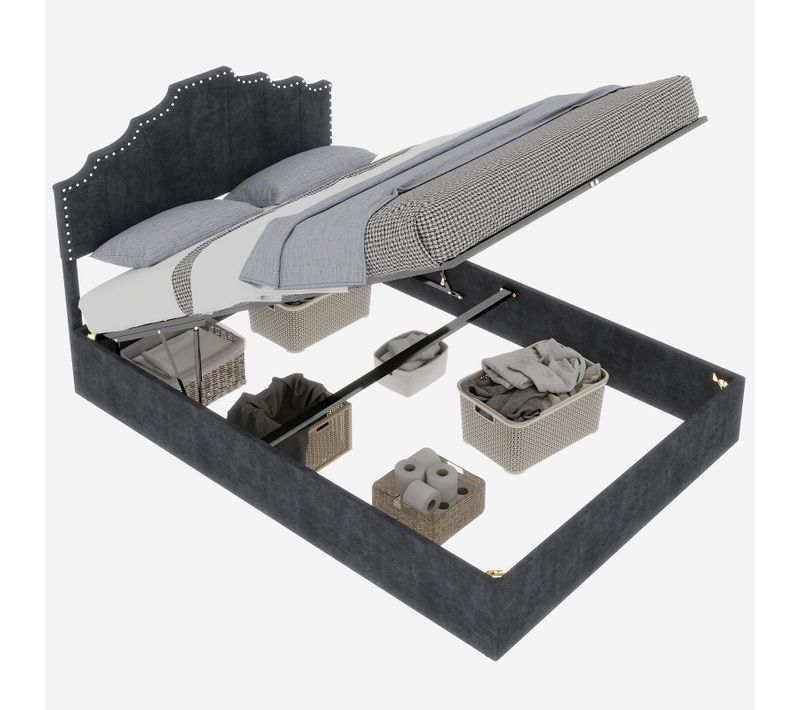 Lit Coffre Double 160×200 Cm - Vérin - Lit Capitonné - Design Moderne Élégant - Velours - Gris