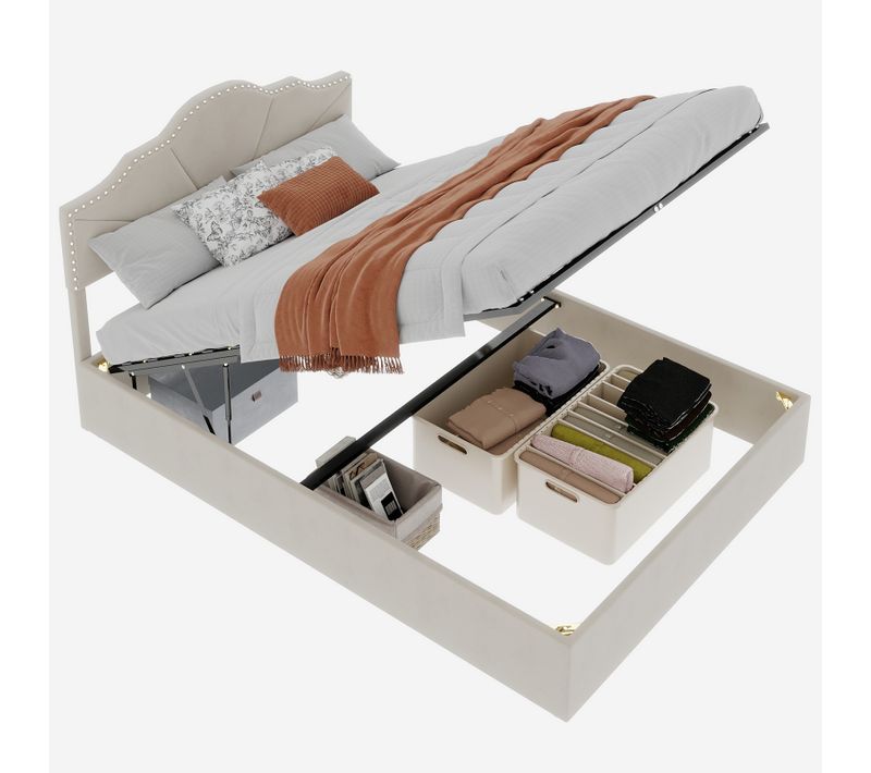 Lit Coffre Double 140×200 Cm - Lit Ado Moderne Doux - Haut Capitonné - Vérin - Tissu - Beige