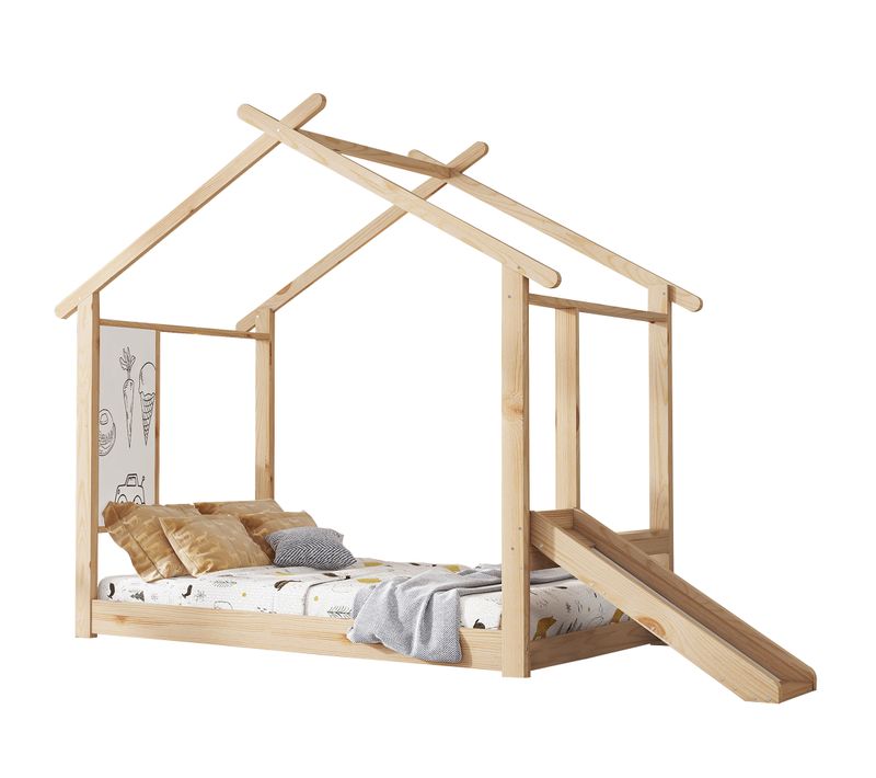 Lit Cabane Enfant 90x200 Cm - Maison - Toboggan - Tableau Blanc - Sommier Inclus - Pin - Naturel