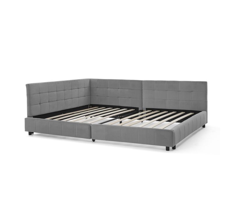 Lit Banquette Double 140x200 Cm - Velours Doux - Structure Bois Et Métal - Gris Foncé