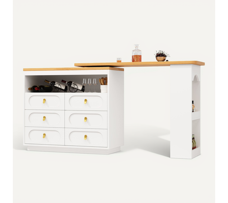 Table Bar - Plateau Pivotant 360° - Tiroirs Rangement - Meuble Bar Cuisine Salon - Mdf-blanc