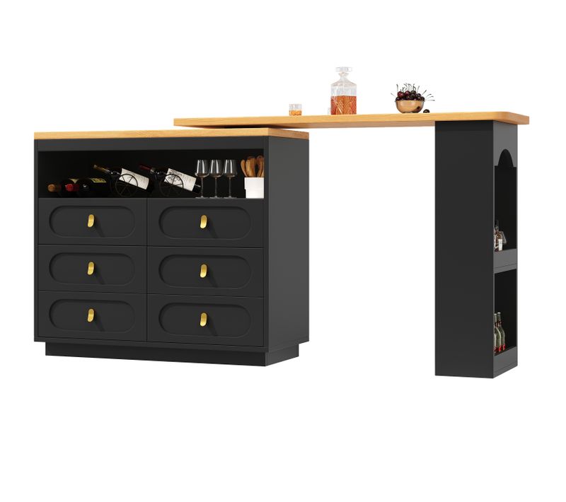 Table Bar Pivotante - 360° - Tiroirs - Compartiments Rangement - Meuble Bar Pratique - Mdf- Noir