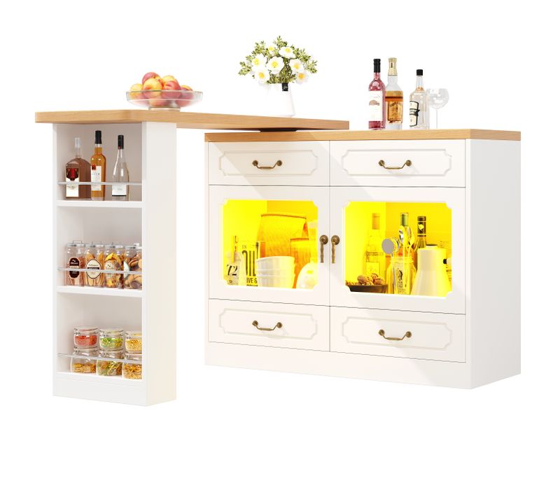 Table Bar Extensible - Pivotante - LED Multicolore - Tiroirs - Meuble Bar Moderne - Mdf- Blanc