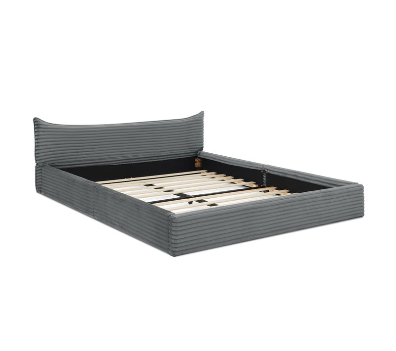 Lit Double 160x200 Cm - Capitonné Chenille Douce - Bois Et Métal - Montage Facile - Gris Foncé