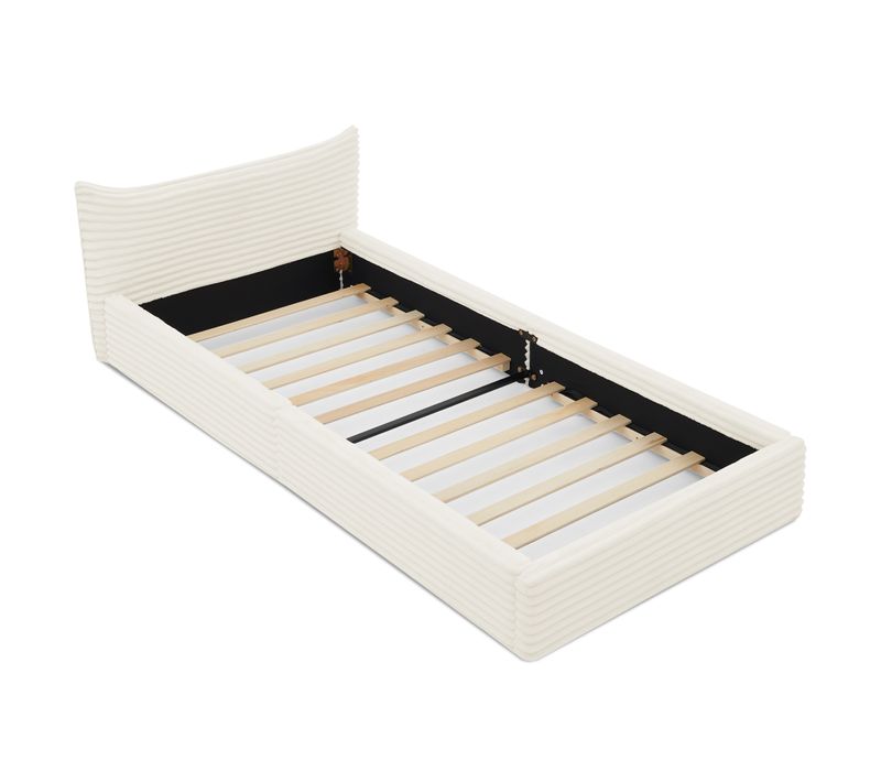 Lit Simple Capitonné 90x200 Cm - Lit Enfant - Chenille Douce - Bois-métal Solide - Montage - Beige