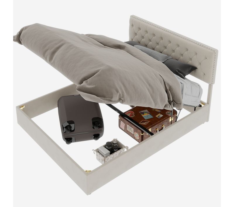 Lit Coffre Double 160x200 - Tête De Lit Rembourrée - Système Hydraulique - Velours Beige