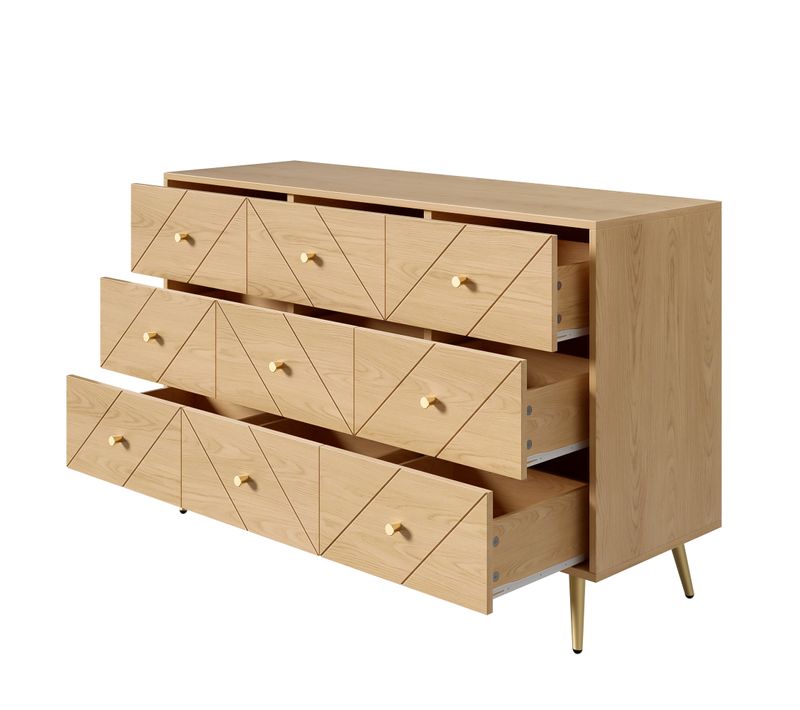 Commode Design Moderne - 9 Tiroirs - Pieds Métal - Rangement Géométrique Pour Salon - Naturel