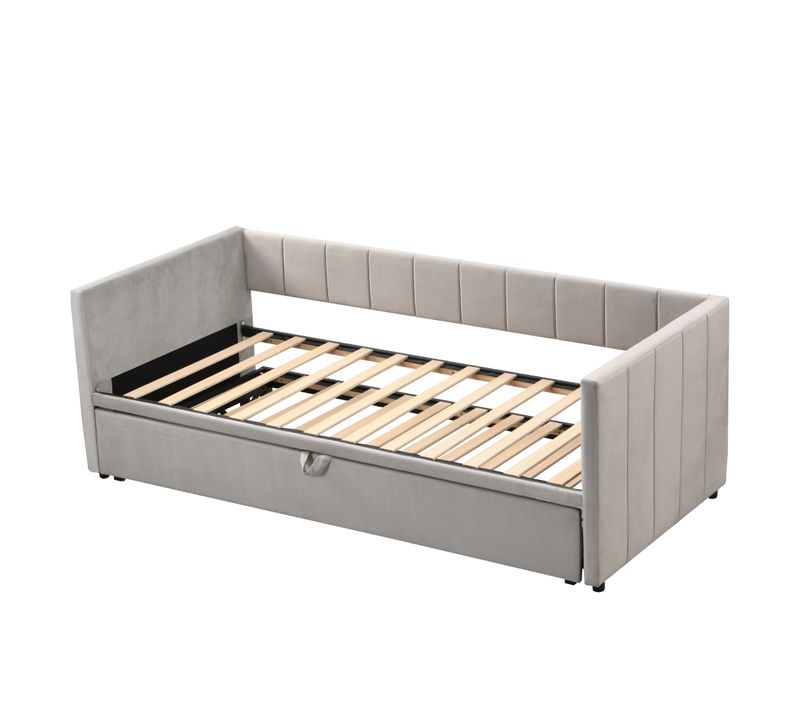 Lit Gigogne 90/180x200 - Lit Multifonction Avec Sommier Convertible - Velours Doux - Gris Clair